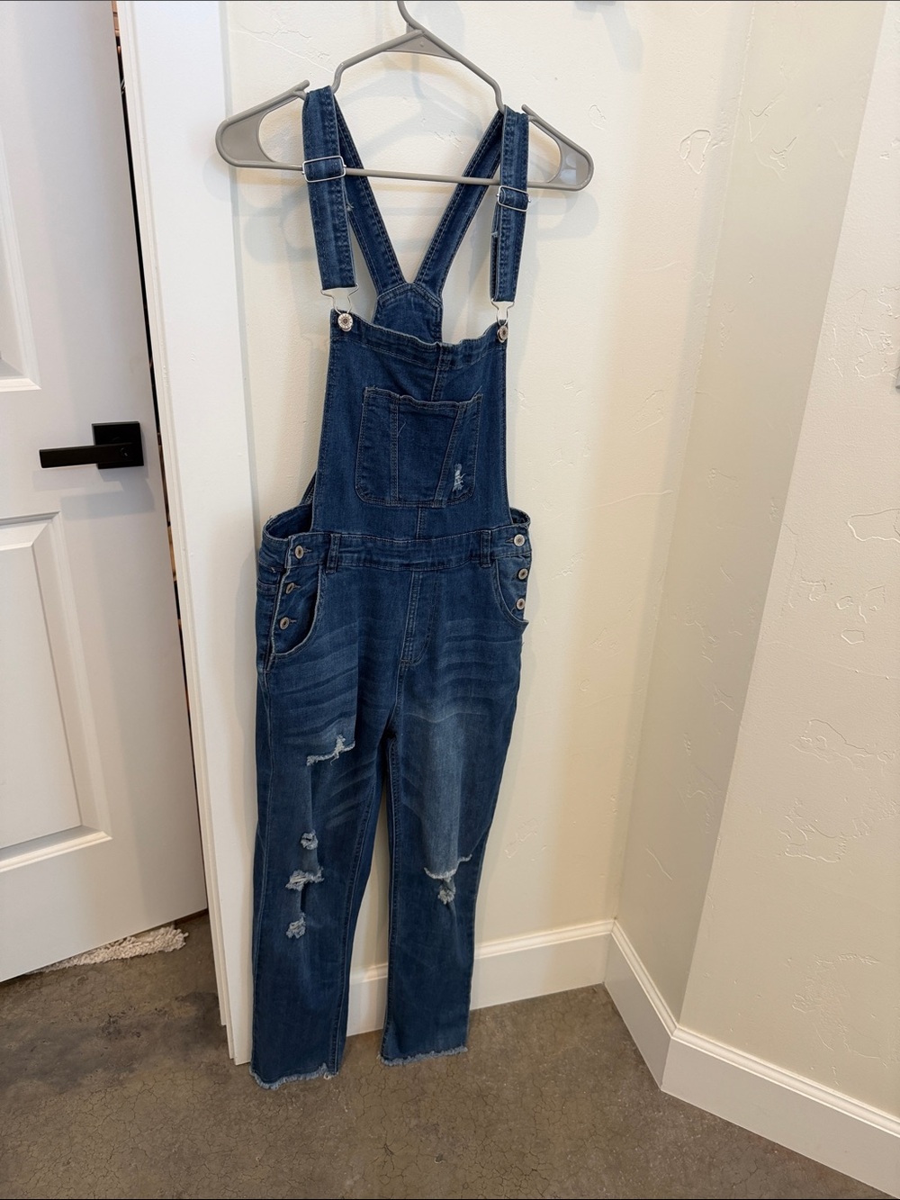 Women's Distressed Dark Blue Denim Overalls with Adjustable Straps